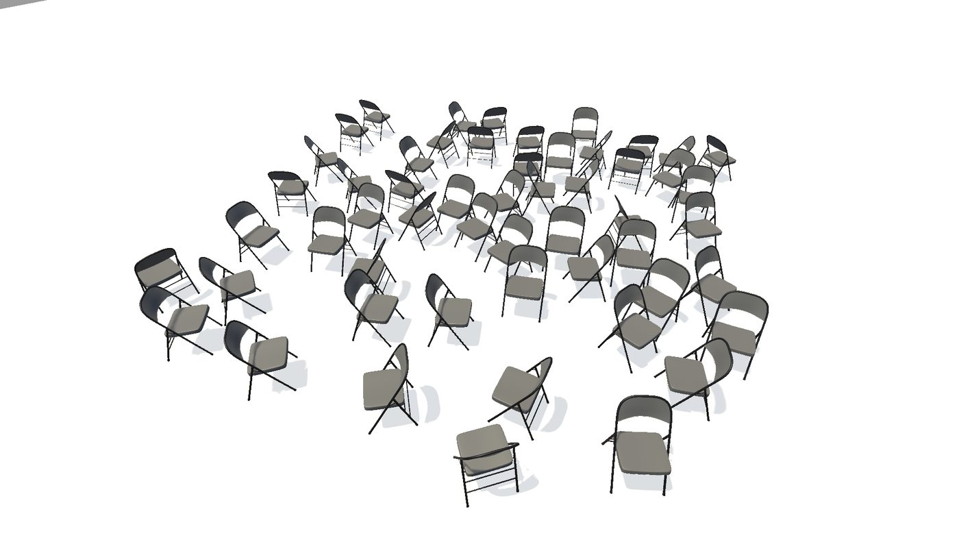 A 3D-rendered room containing dozens of chairs