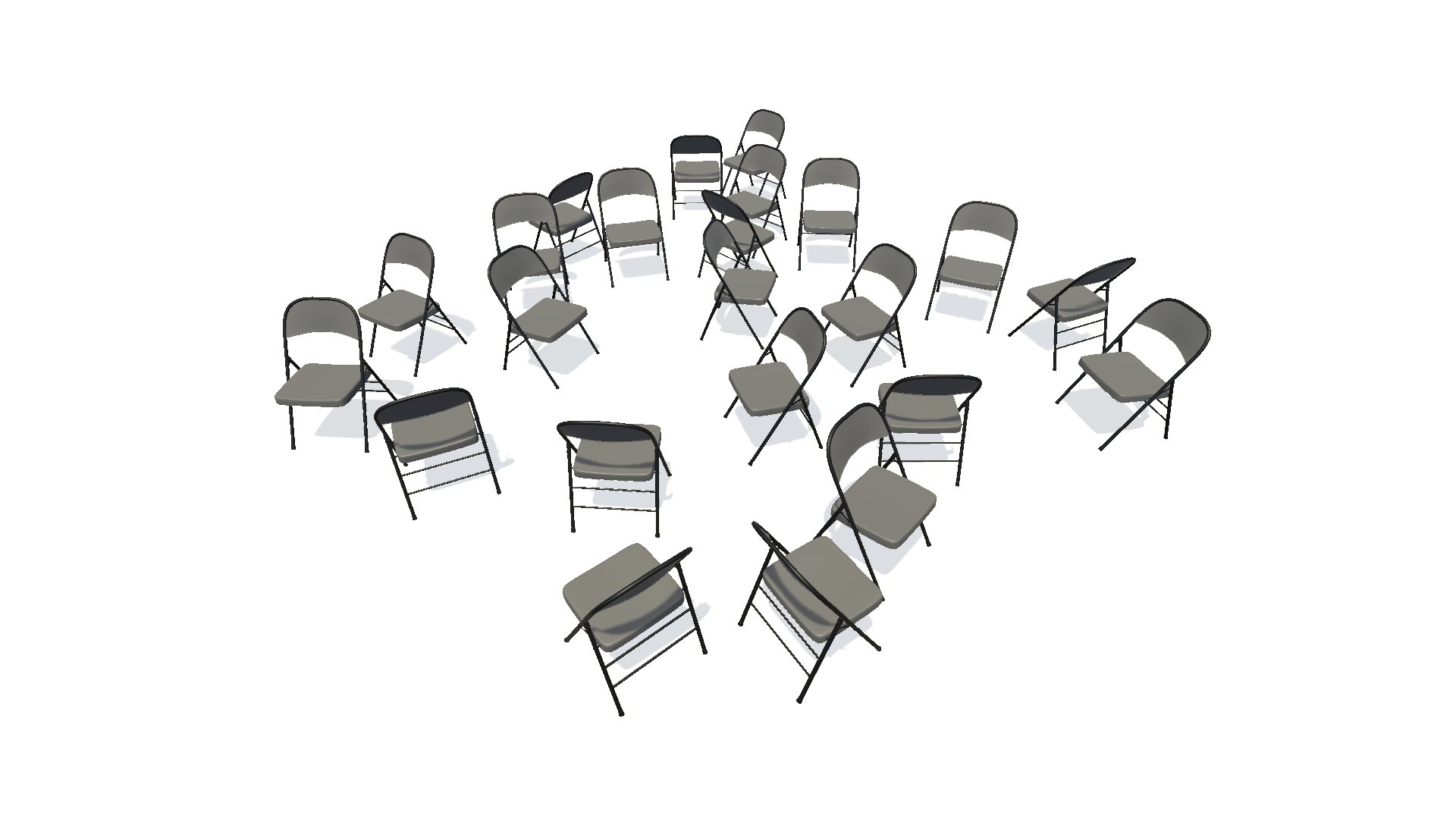 A 3D-rendered room containing a couple dozen chairs