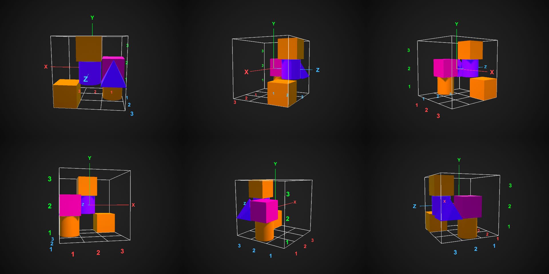 Six camera views of a 3D grid scene holding six coloured shapes
