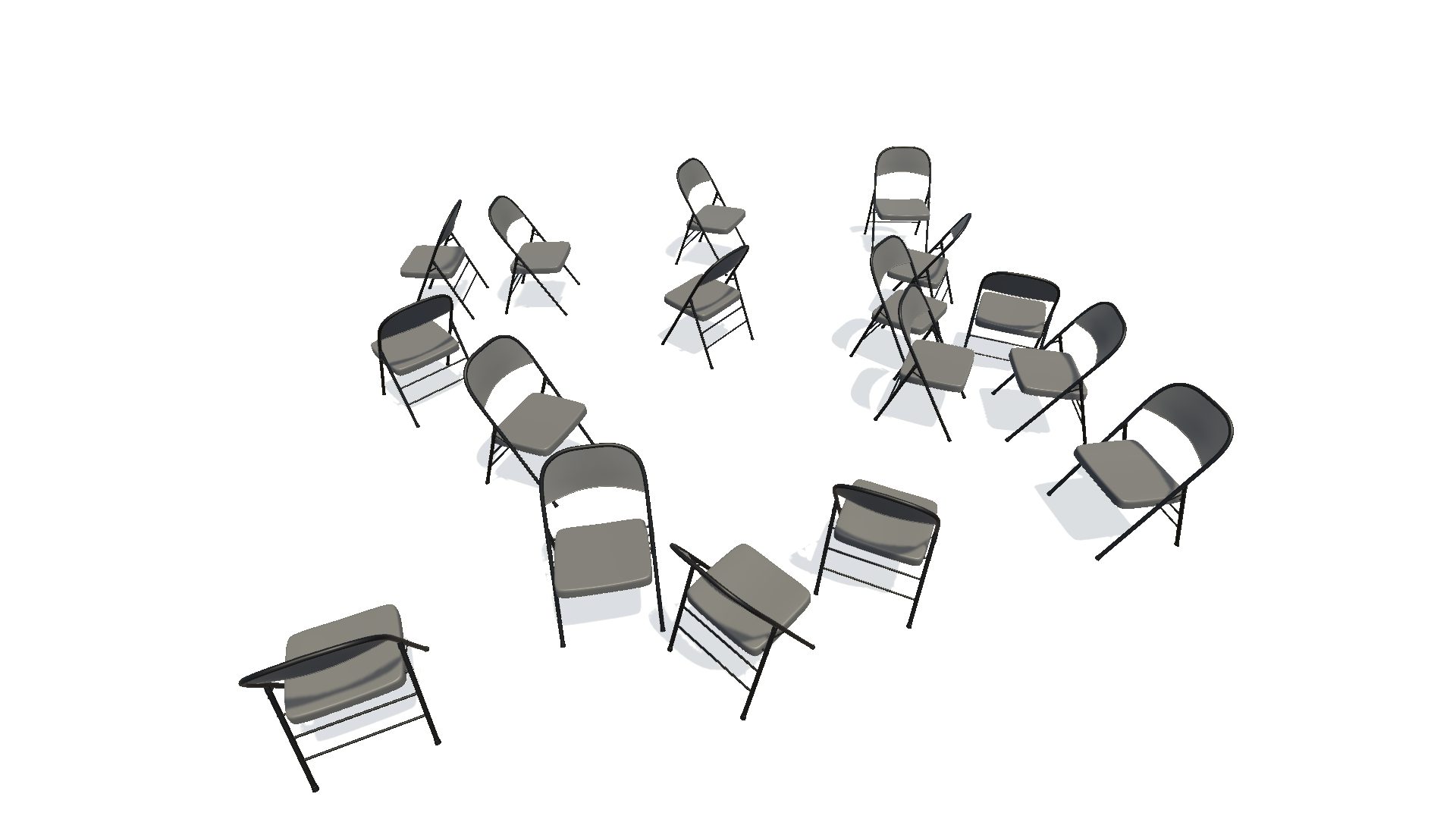 A 3D-rendered room containing seventeen chairs